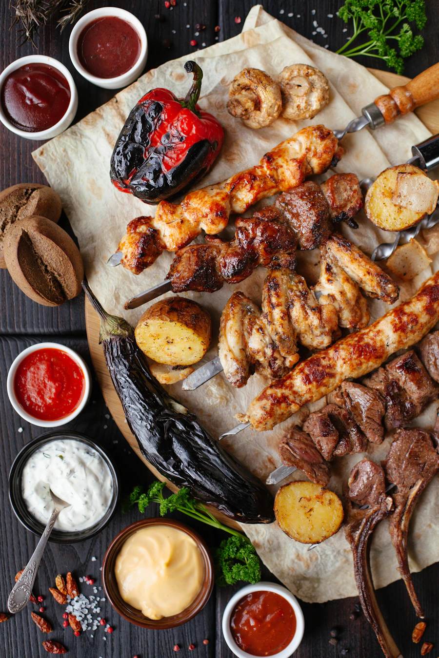 Sate dan tusukan daging bakar dengan asap tipis
